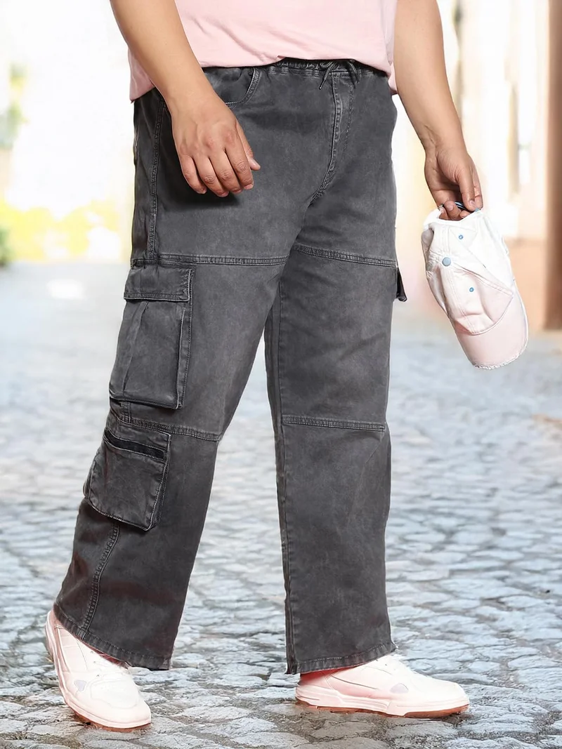 Urbano Plus Men's Grey Loose Baggy Fit Travel Cargo Jeans with 8 Pockets Stretchable