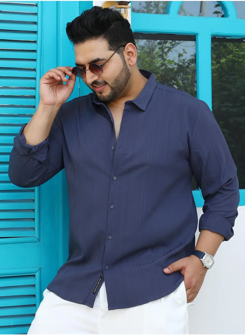انستافاب بلس Instafab Plus Men's Aegean Blue Multitrack-Tactile Shirt For Casual Wear | Spread Collar | Long Cuffed Sleeves | Button Closure | Plus Size Shirt Crafted With Comfort Fit For Everyday Wear
