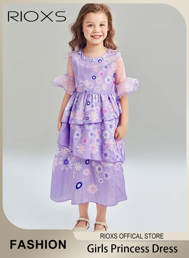RIOXS Kids Girls Isabella Princess Costume Mirabel Cosplay Gown Fancy Party Short Sleeve Dress Up For Child  - Image 1