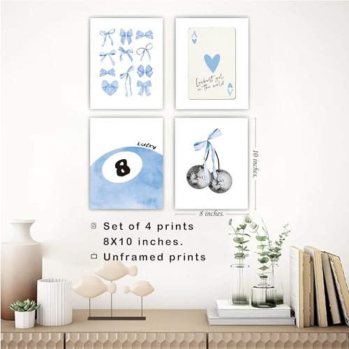 okaxscm Light Blue Coquette Trendy Preppy Wall Art Prints Set of 4, Coquette Preppy Room Decor, Blue Bow Disco 8 Ball Cherry Wall Decor Posters for Girls Bedroom Dorm, 8x10 Unframed - Image 3