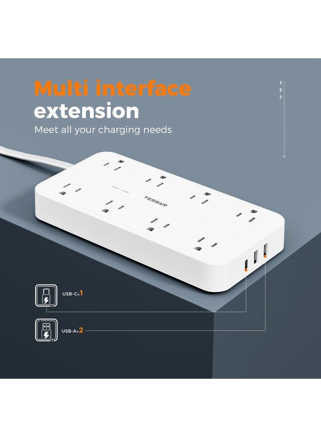 TESSAN Power Strip with Surge Protection, TESSAN Flat Plug Extension Cord with 8 Outlets 3 USB Ports(1 USB C), 1080 Joules, 6 Ft, Wall-Mounted Charging Station for Apartment Office Dorm Room Essentials - Image 4