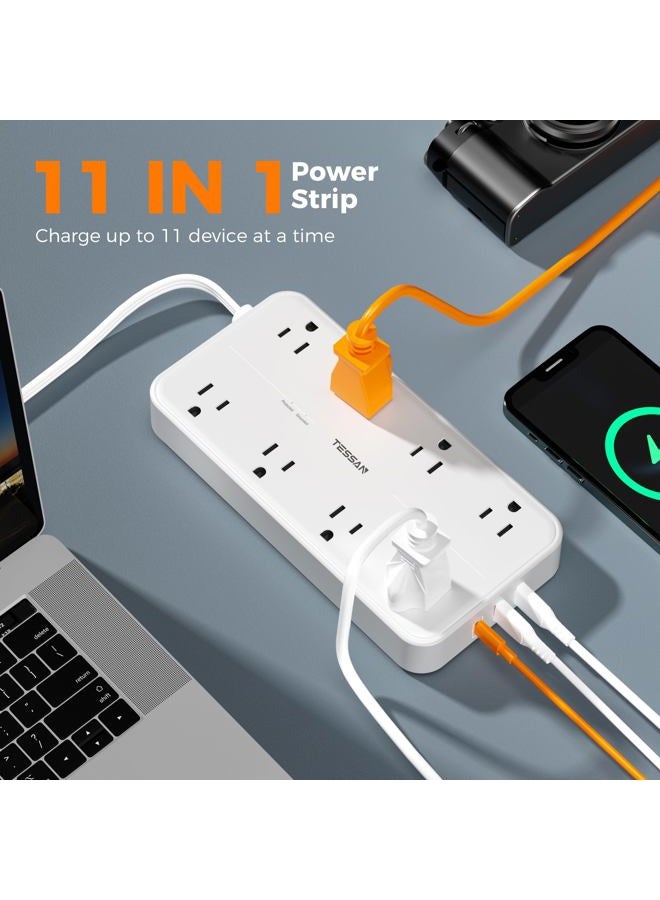TESSAN Power Strip with Surge Protection, TESSAN Flat Plug Extension Cord with 8 Outlets 3 USB Ports(1 USB C), 1080 Joules, 6 Ft, Wall-Mounted Charging Station for Apartment Office Dorm Room Essentials - Image 2
