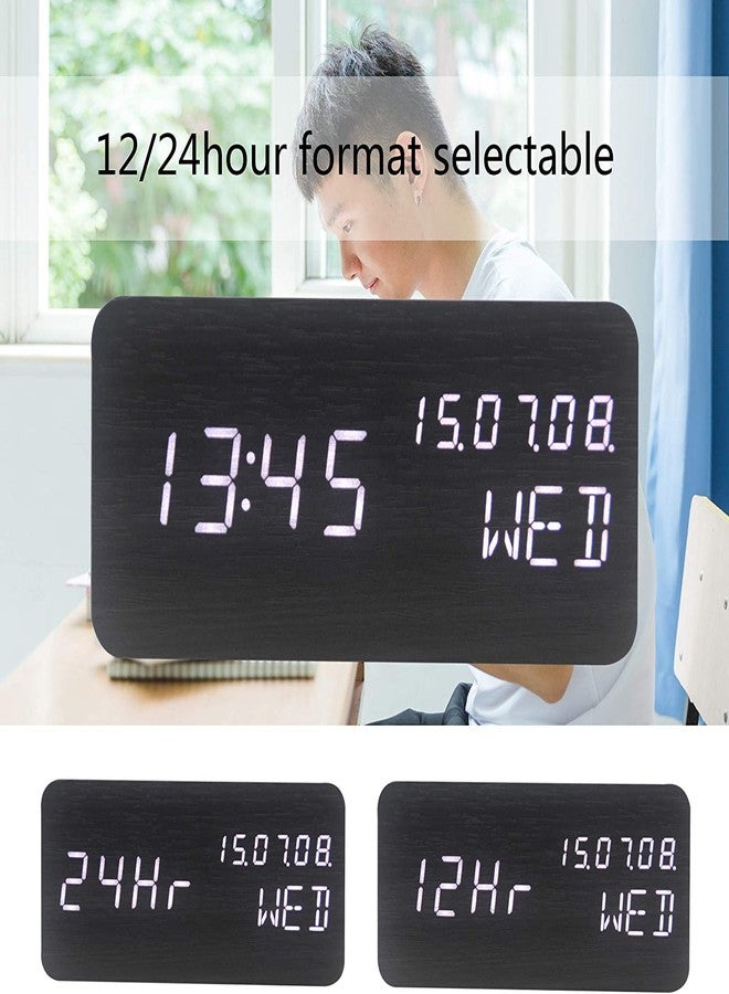 Pokanic Wood Digital Alarm Clock Desk Time, Date(MM/DD/YY), Day of The Week, Temperature, Nightlight Large LED Display Portable Lamp Bedroom, Office, School, Home, Livingroom, Room (Black) - Image 5