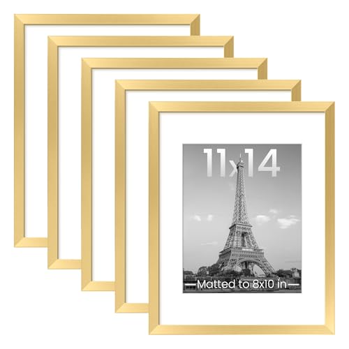 upsimples 11x14 Picture Frame Set of 5, Display Pictures 8x10 with Mat or 11x14 Without Mat, Wall Gallery Photo Frames, Gold - Image 1