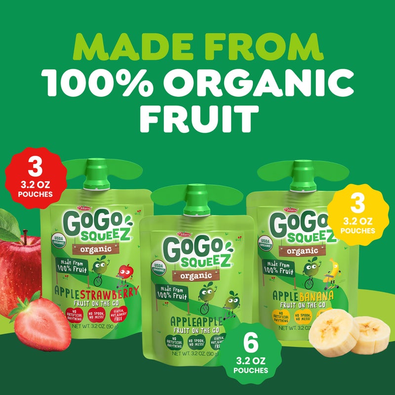 GoGo squeeZ Organic Applesauce and Fruit Puree, Variety Pack, Apple, Strawberry & Banana, 3.2 oz (Pack of 12), Unsweetened Organic Fruit Snacks for Kids, No Gluten, Nut & Dairy, BPA Free Pouches - Image 2