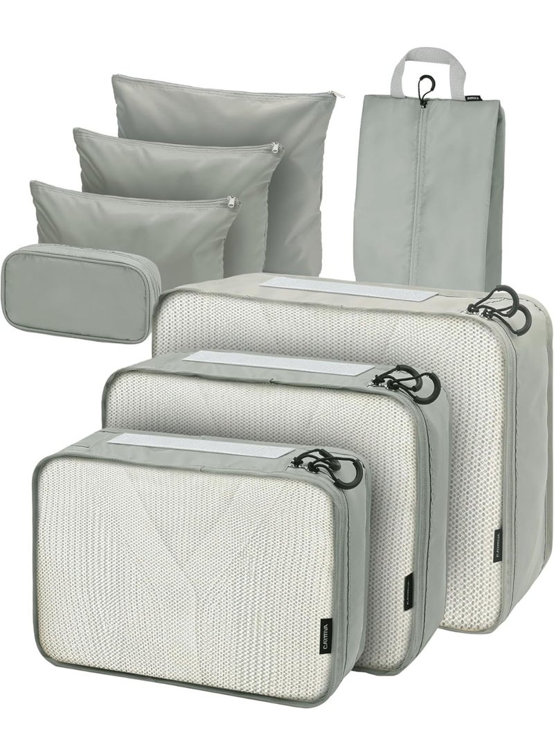 Carttiya 8-Teilige Koffer Organizer Travel Essentials, Wasserdicht Ultraleichter und langlebiger PackwüRfel Koffer Organizer Mit Kosmetiktasche (Hellgrau) - Image 1