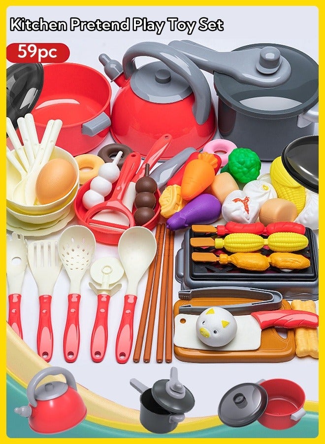 59Pcs Kitchen Toys Kids Kitchen Pretend Play Toys Set Kids Play Cooking Set Cutting Play Food And Vegetables Play Kitchen Accessories For Girls Boys (Red) - Image 1