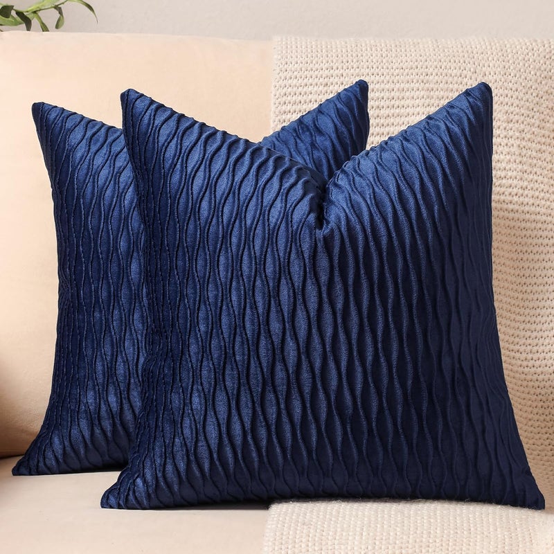 DEZENE Navy Striped Couch Pillow Cases 2 Pack 18x18 Inch Original Velvet Square Throw Pillow Covers for Farmhouse Home Decor