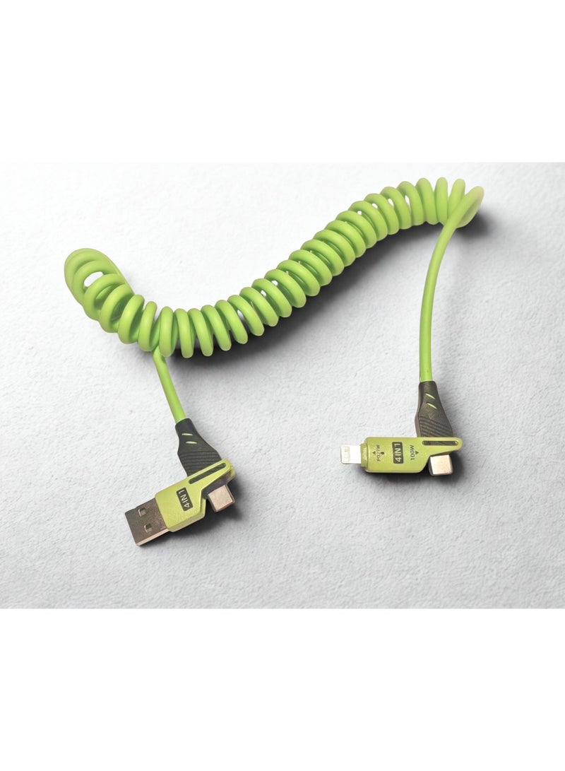 65W Fast Charging Spring Cable (Green 1.5 m) | Coiled USB-C / USB-A to USB-C / lightening | Dual Interface | Premium Elastic Nylon | Perfect for Car & Desk Use - Image 1