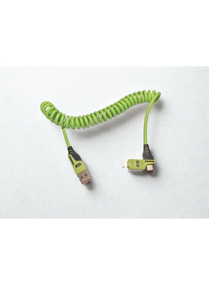 65W Fast Charging Spring Cable (Green 1.5 m) | Coiled USB-C / USB-A to USB-C / lightening | Dual Interface | Premium Elastic Nylon | Perfect for Car & Desk Use - Image 3