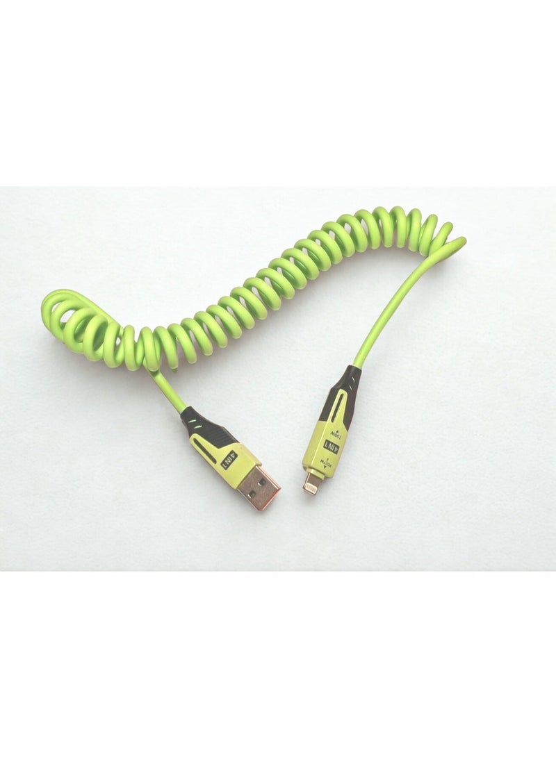 65W Fast Charging Spring Cable (Green 1.5 m) | Coiled USB-C / USB-A to USB-C / lightening | Dual Interface | Premium Elastic Nylon | Perfect for Car & Desk Use - Image 2