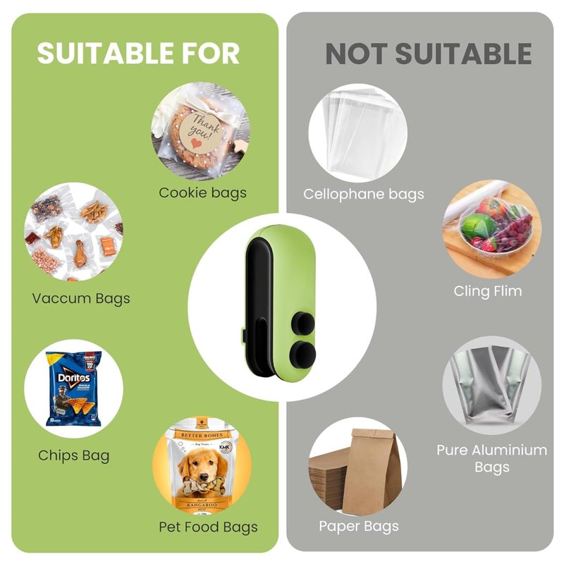 TEKCOOL Portable Mini Sealing Machine, Handheld Packet Sealer for Food, Snacks, Chips, Fresh Storage, Plastic Bags Sealing Machine, 1 Year Warranty (Green)' - Image 2