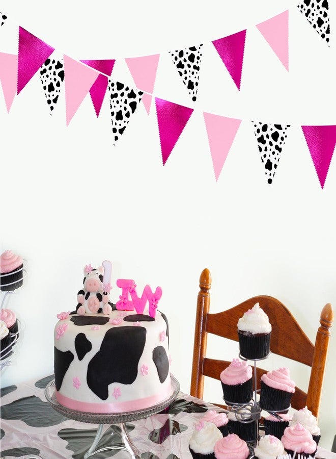 pinkblume 32Ft Cowgirl Party Decorations Hot Pink Cow Printed Triangle Flag Fabric Banner Pennant Bunting Garland Streamer for Western Cowgirls Disco Birthday Baby Shower Party Decor - Image 3