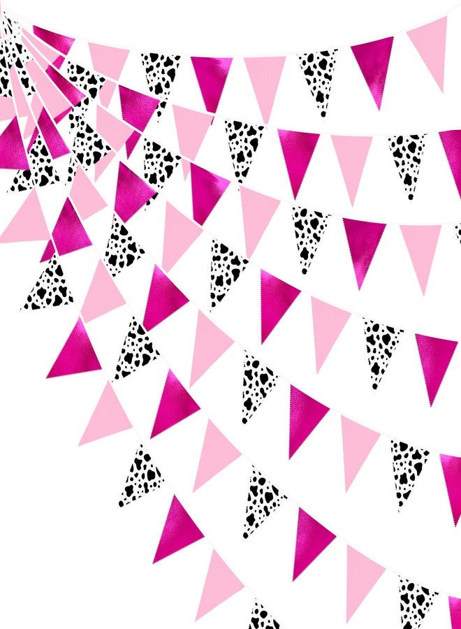 pinkblume 32Ft Cowgirl Party Decorations Hot Pink Cow Printed Triangle Flag Fabric Banner Pennant Bunting Garland Streamer for Western Cowgirls Disco Birthday Baby Shower Party Decor - Image 1
