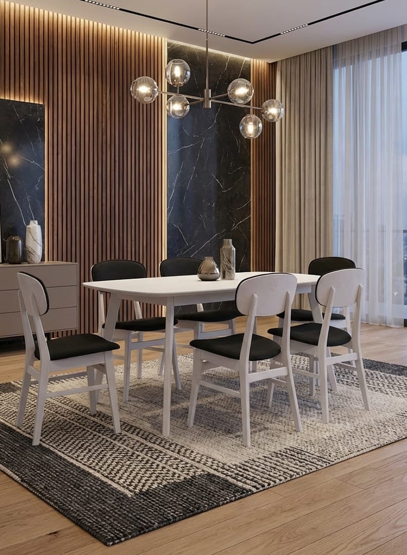 Concent Malaysian Made Wooden Dining Table Set with 6 Padded Chairs - White/Grey - Image 4
