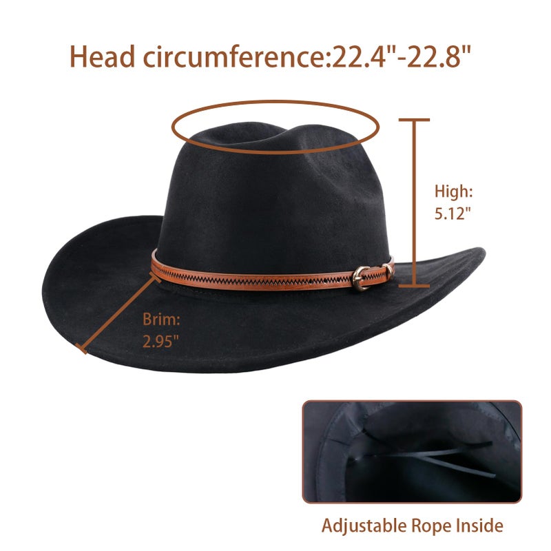 WDEY Unisex Wide Brim Black Cowboy Hat with Elegant Brown Band, Stylish Cowboy Hat for Men and Women for Parties and Outdoor Activities - Image 2