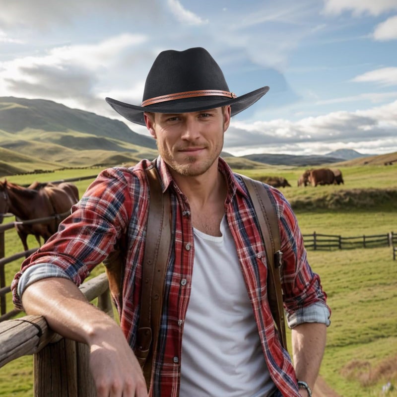 WDEY Unisex Wide Brim Black Cowboy Hat with Elegant Brown Band, Stylish Cowboy Hat for Men and Women for Parties and Outdoor Activities - Image 5