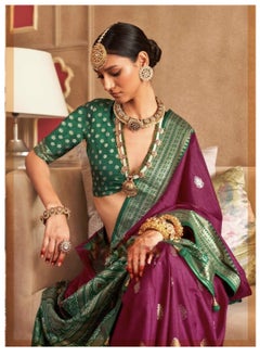 Grab Mantra Traditional Purple Silk Saree With Green Foil Print border plus unstitched blouse  - Image 3