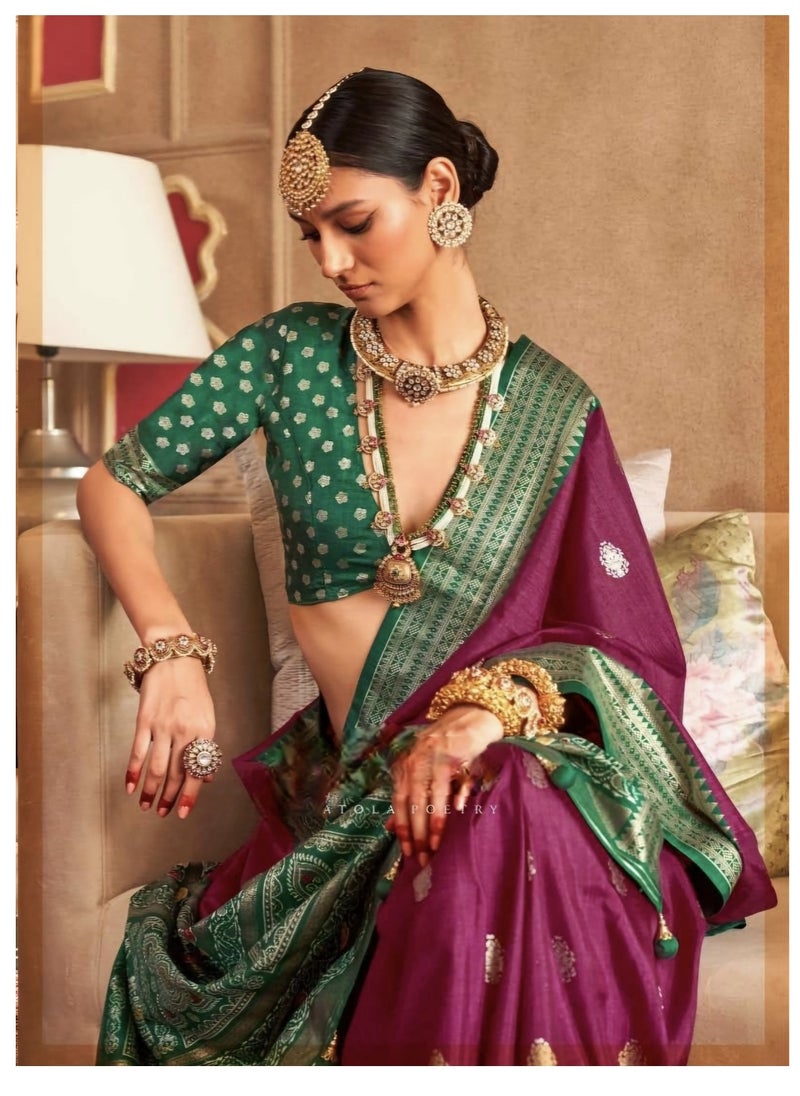 Grab Mantra Traditional Purple Silk Saree With Green Foil Print border plus unstitched blouse  - Image 3