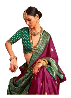 Grab Mantra Traditional Purple Silk Saree With Green Foil Print border plus unstitched blouse  - Image 1