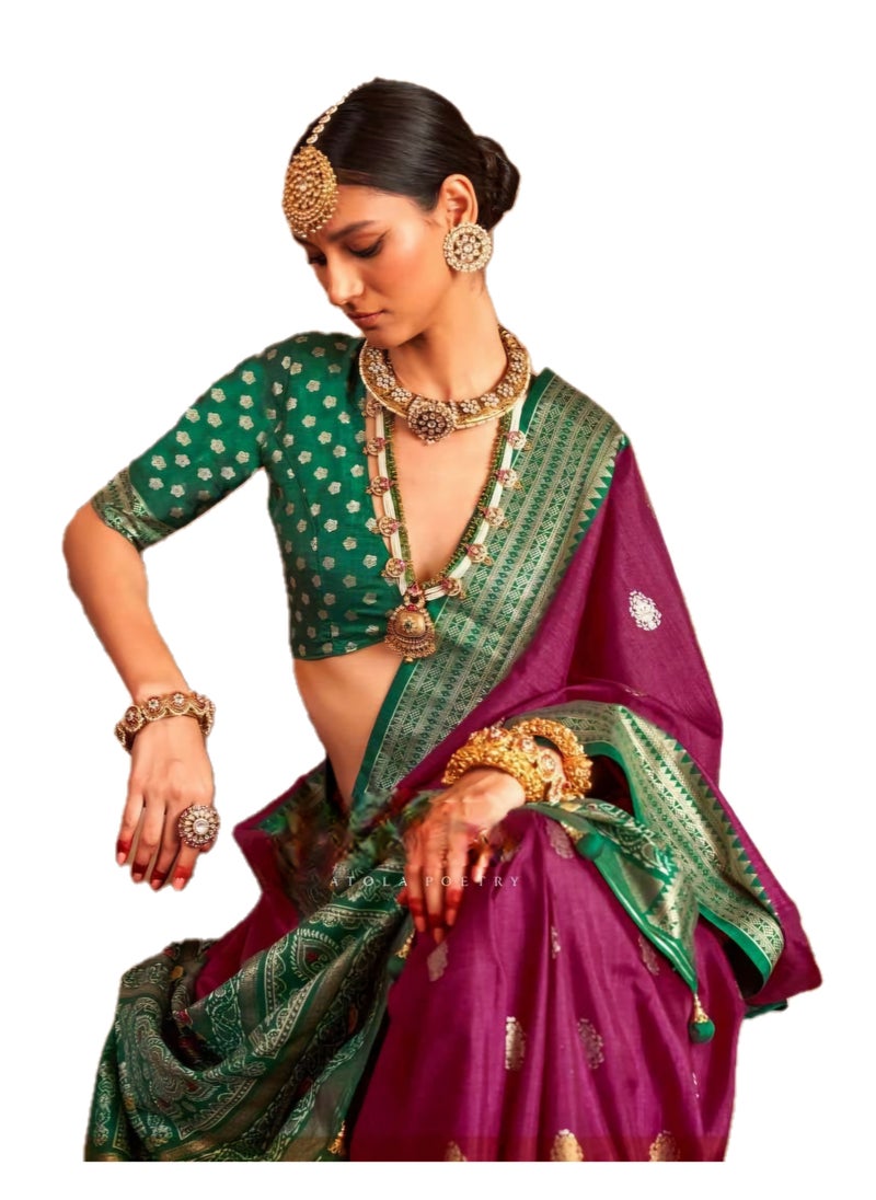 Grab Mantra Traditional Purple Silk Saree With Green Foil Print border plus unstitched blouse  - Image 1