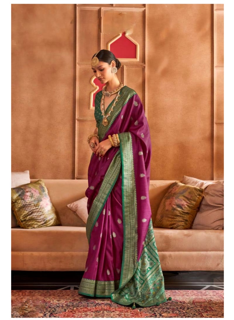 Grab Mantra Traditional Purple Silk Saree With Green Foil Print border plus unstitched blouse  - Image 2