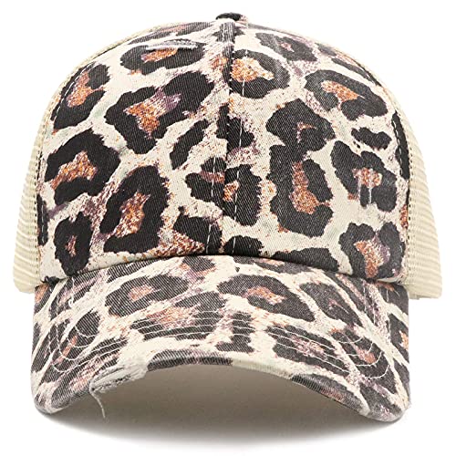 ProMindFun Womens Ponytail High Messy Bun Hats Distressed Baseball Caps Unconstructed Washed Dad Hat Girls Trucker Ponycaps (10-Brown Leopard) - Image 3