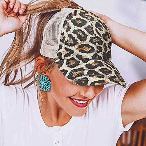 ProMindFun Womens Ponytail High Messy Bun Hats Distressed Baseball Caps Unconstructed Washed Dad Hat Girls Trucker Ponycaps (10-Brown Leopard) - Image 2