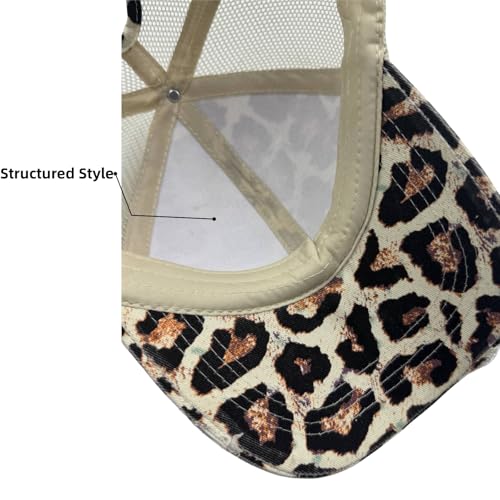 ProMindFun Womens Ponytail High Messy Bun Hats Distressed Baseball Caps Unconstructed Washed Dad Hat Girls Trucker Ponycaps (10-Brown Leopard) - Image 5