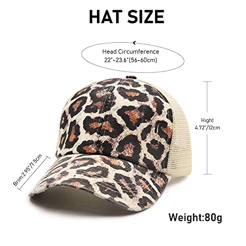 ProMindFun Womens Ponytail High Messy Bun Hats Distressed Baseball Caps Unconstructed Washed Dad Hat Girls Trucker Ponycaps (10-Brown Leopard) - Image 4