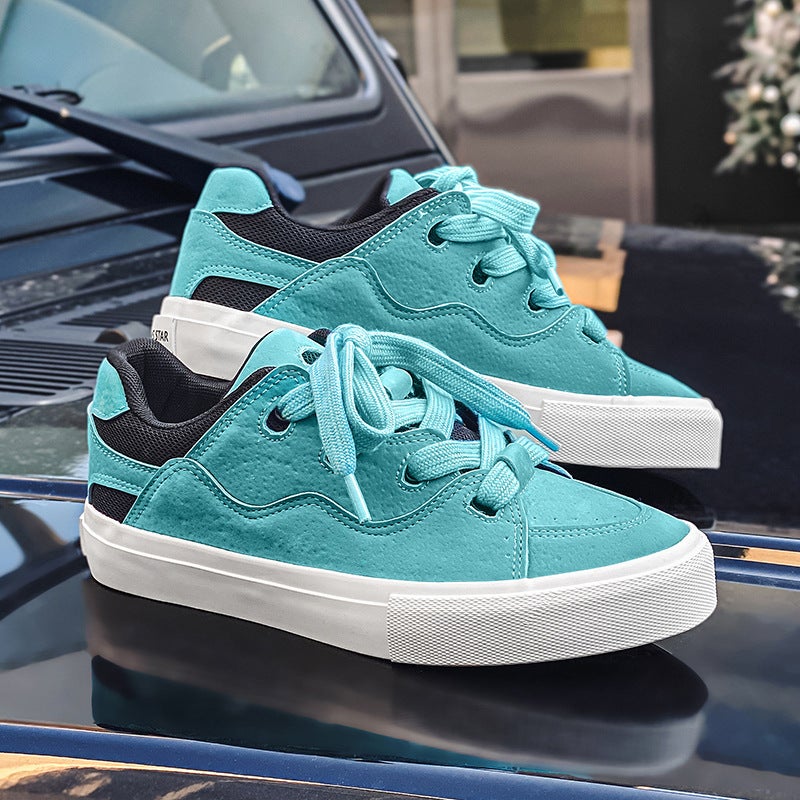 2026 Spring New Skateboard Shoes for Couples, Thick-Soled Loafers in Lake Blue and White Suede, Retro Casual Shoes for Men and Women - Image 1