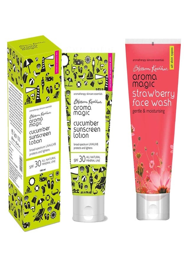 Aroma Magic Combo| Strawberry Face Wash- 100ml (All Skin)+ Cucumber Sunscreen Lotion (SPF 30)- 100ml (Sensitive Skin)| Pack Of 2 - Image 1