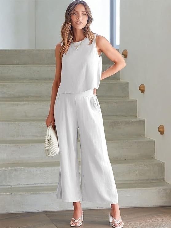 1Tarz 1Style Barbora Linen Summer High Waist Capri Pants Back Detail Sleeveless Two Piece Set LN26EKRU - Image 2