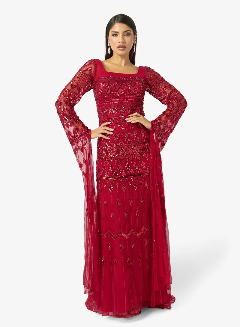 Namshi x Square Neck Bead Embellished Evening Gown with Cape Sleeves