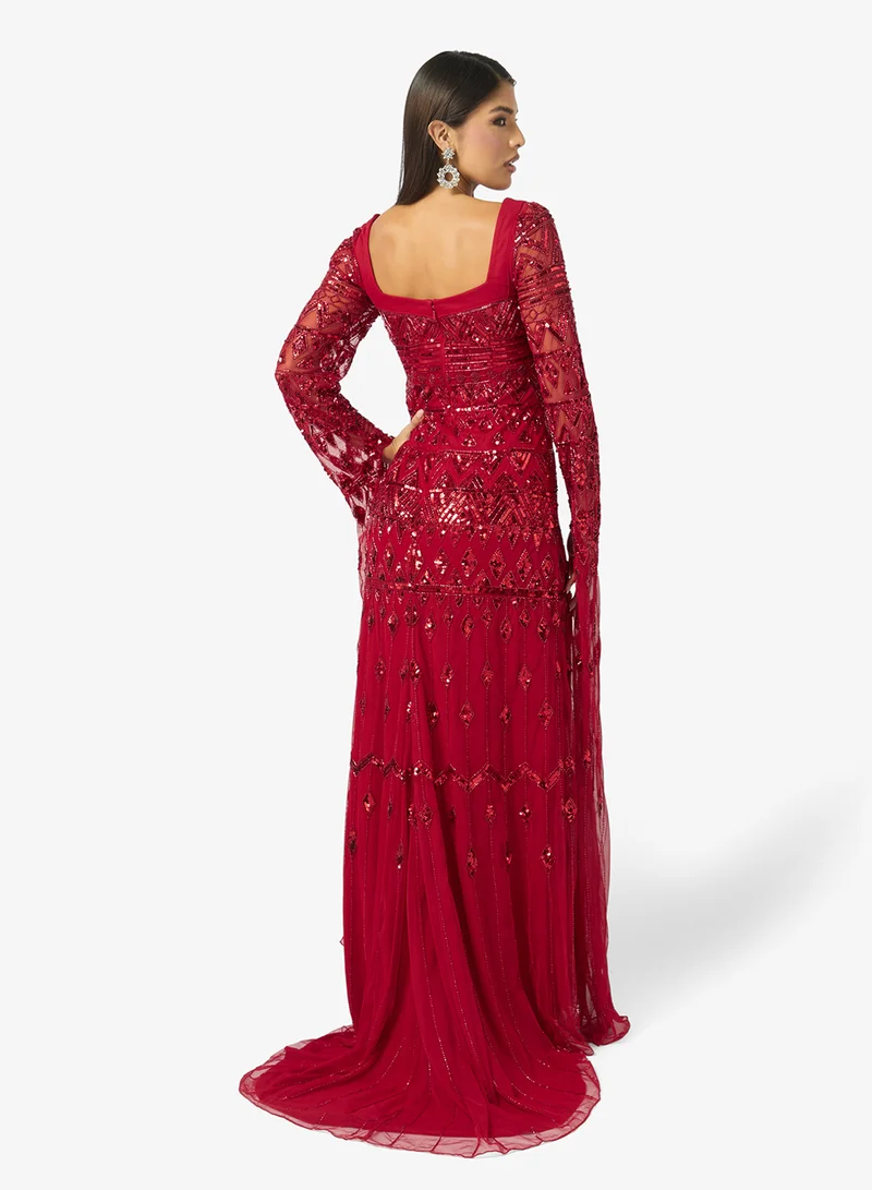 Namshi x Square Neck Bead Embellished Evening Gown with Cape Sleeves