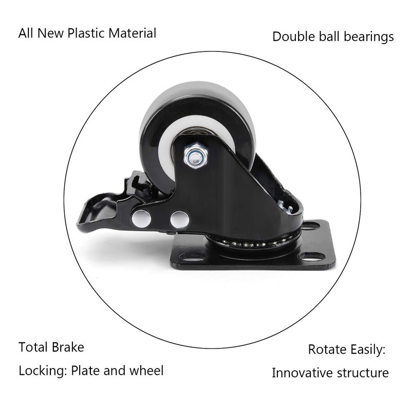 Juang Casters Heavy Duty Casters JULANG 2inch Plate Caster with Safe Dual Brake NoNoise Polyurethane Wheel Total 500lbs Load Capacity for Furniture Plant Stands Book Shelves Shoe BinsPack of 4  - Image 4