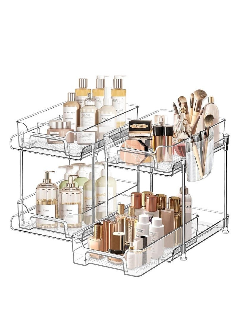 يواوليتي منظم أدوات تنظيم تحت الحوض بطبقتين مع درج، منظم رف سلة خزانة منزلق تحت الخزانة مع فواصل وأكواب يستخدم لأدوات الزينة ومستحضرات التجميل والحمام والمطبخ والمكتب (عبوتان) - Image 1