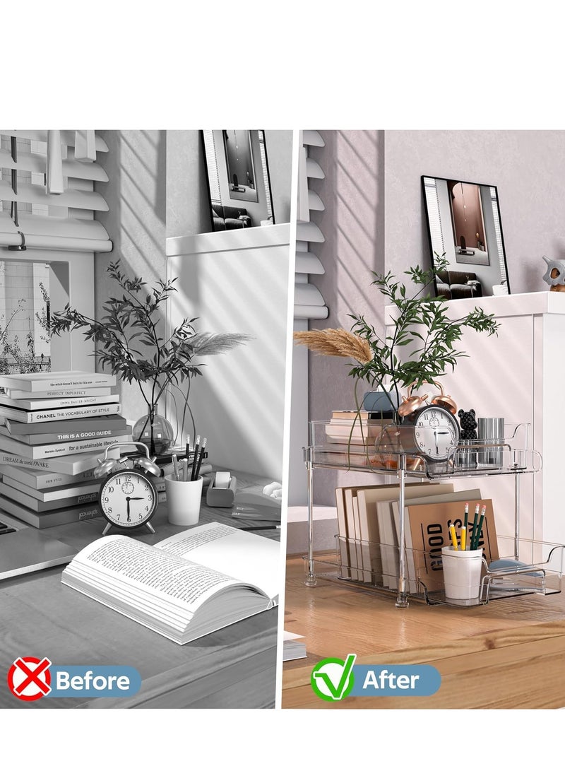 يواوليتي منظم أدوات تنظيم تحت الحوض بطبقتين مع درج، منظم رف سلة خزانة منزلق تحت الخزانة مع فواصل وأكواب يستخدم لأدوات الزينة ومستحضرات التجميل والحمام والمطبخ والمكتب (عبوتان) - Image 5