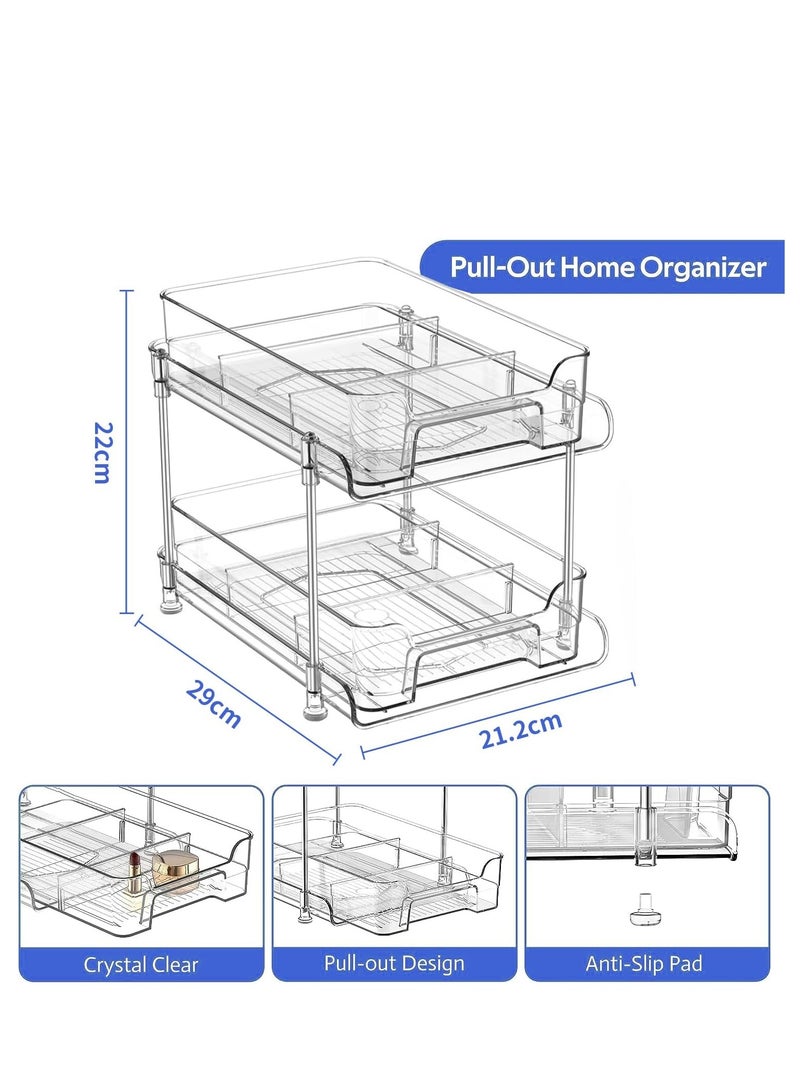 يواوليتي منظم أدوات تنظيم تحت الحوض بطبقتين مع درج، منظم رف سلة خزانة منزلق تحت الخزانة مع فواصل وأكواب يستخدم لأدوات الزينة ومستحضرات التجميل والحمام والمطبخ والمكتب (عبوتان) - Image 2