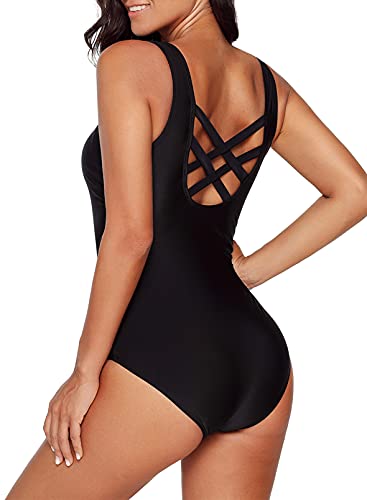 Aleumdr One Piece Swimsuits for Women Sexy Bandage Criss Cross Back Tummy Control Bathing Suits Sports Monokini Swimwear Black Medium - Image 2