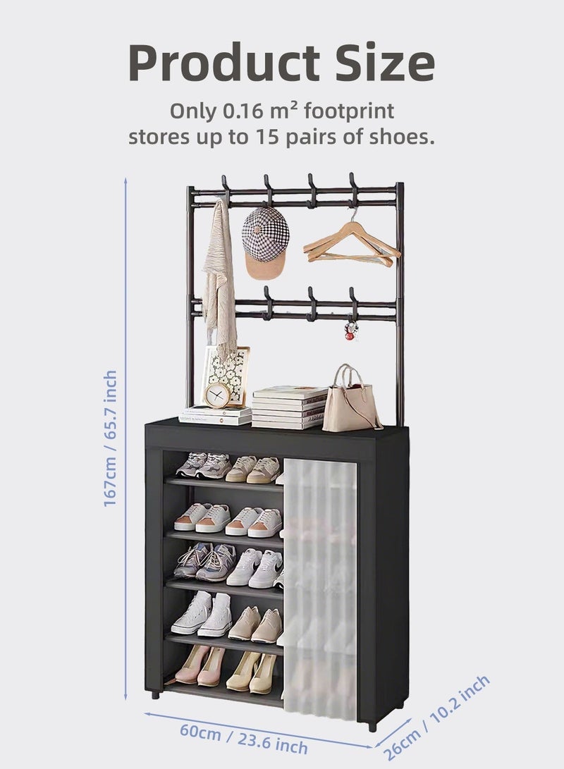 خزانة أحذية ذات 6 طبقات مع خطافات، منظم أحذية للمدخل مع قضيب تعليق وستارة مقاومة للغبار، خزانة تخزين أحذية عمودية مع رف علوي، رف أحذية متعدد الطبقات للمدخل والممر وغرفة النوم - Image 5