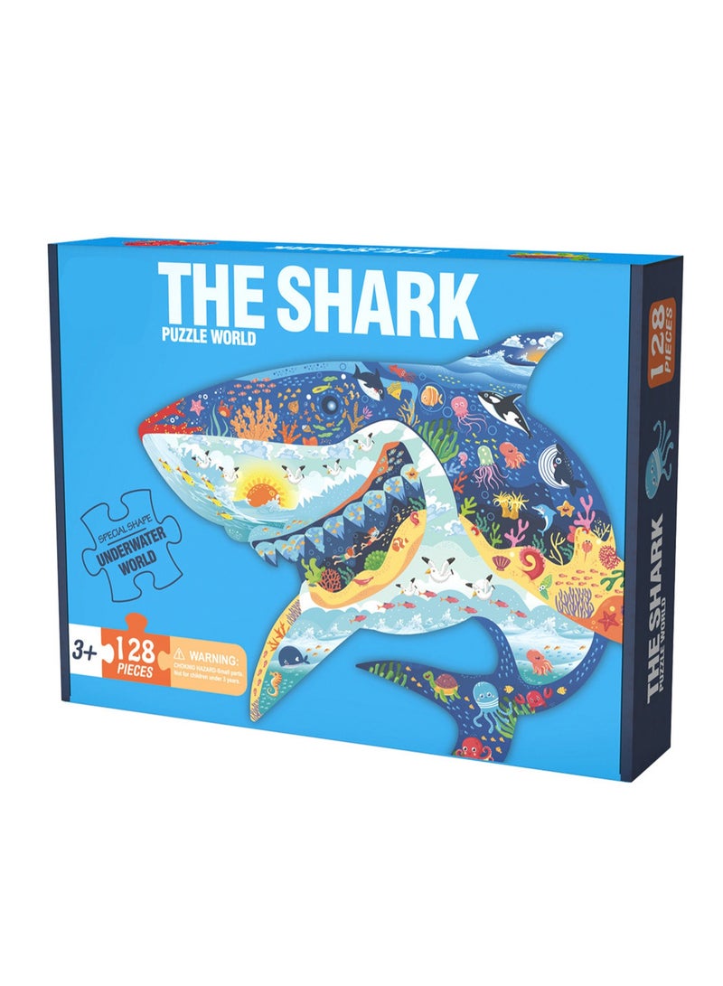 Cute Cartoon Children'S Jigsaw Puzzle Educational Toys, Children'S Gifts Birthday Sharing Souvenirs Gift Box Jigsaw Puzzle Educational Toys Kindergarten Gifts, Suitable For Children Over Three Years Old To Play (128 Pieces Of Shark) - Image 1