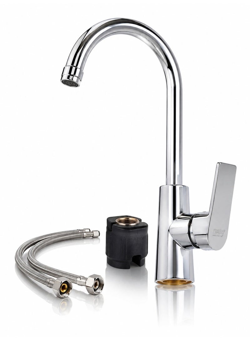 ITALIA Kitchen Mixer Tap Faucet CT-009 – Single Lever Chrome Finish, 360° Swivel Spout, Hot & Cold Water Mixer with Braided Hoses for Kitchen Sink - Image 1