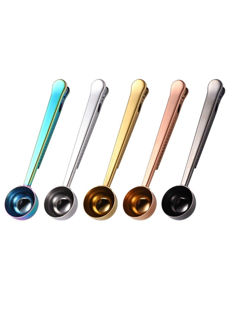 كابتن تيك Set of 5 Coffee Scoop Clip, 2-in-1 Stainless Steel Coffee Measuring Spoon with Sealing Clips, Kitchen Craft Long Handle Spoon Bag Clip for Coffee, Milk Powder, Oatmeal, Tea - Image 1