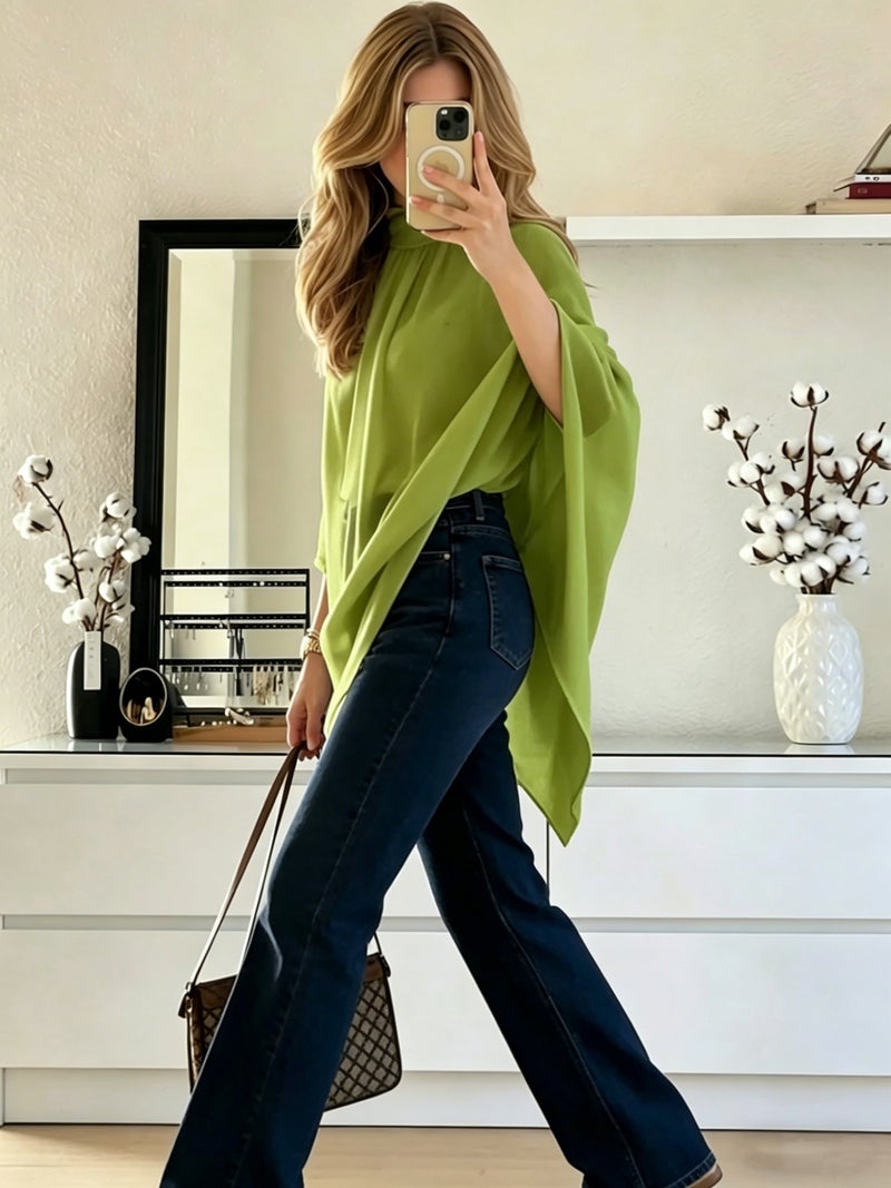 Cat Ear Directional Women'S Elegant Asymmetrical Hem Chiffon Top, Suitable for Daily Commute, Casual Wear, And Outing Dates, Versatile Style, Inner Layer Not Included - fern green / XS - Image 3