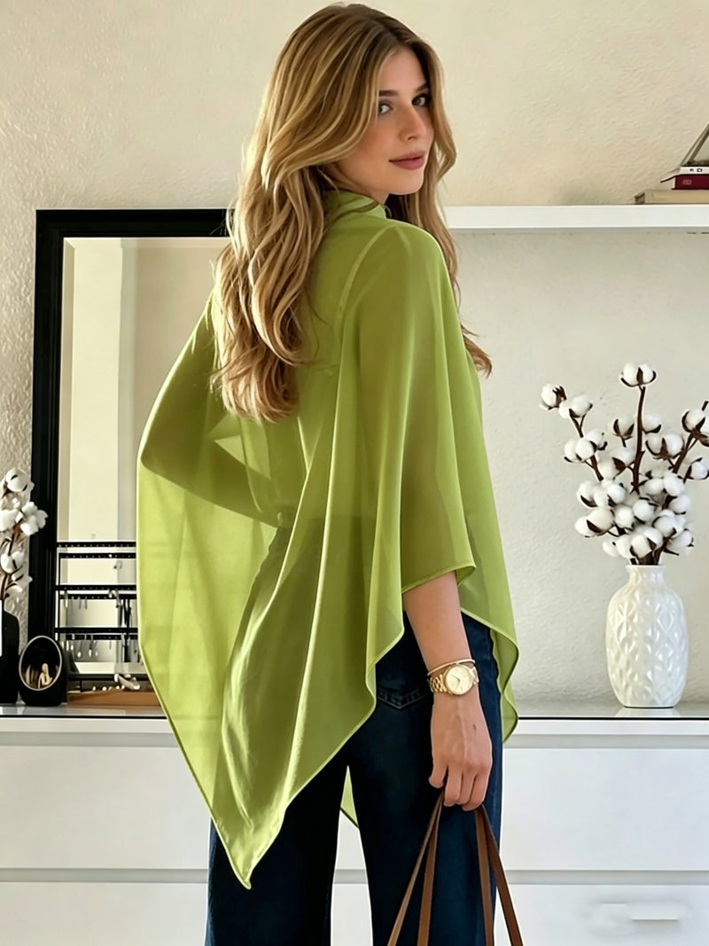 Cat Ear Directional Women'S Elegant Asymmetrical Hem Chiffon Top, Suitable for Daily Commute, Casual Wear, And Outing Dates, Versatile Style, Inner Layer Not Included - fern green / XS - Image 4