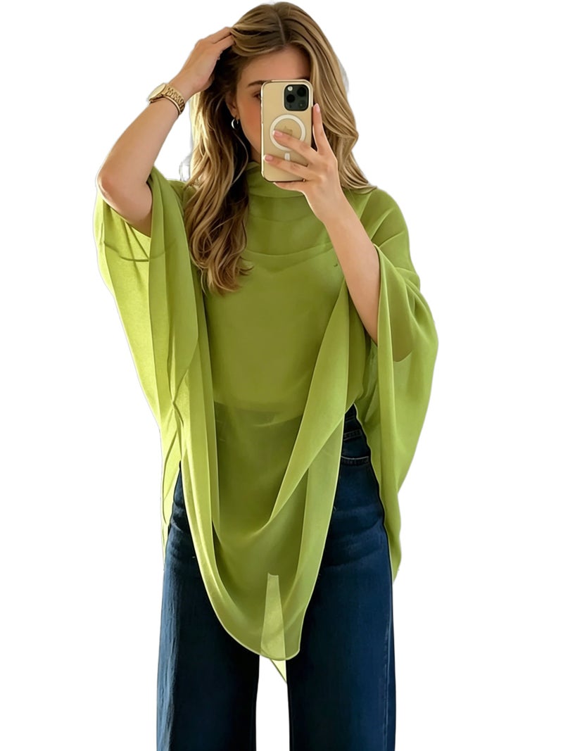 Cat Ear Directional Women'S Elegant Asymmetrical Hem Chiffon Top, Suitable for Daily Commute, Casual Wear, And Outing Dates, Versatile Style, Inner Layer Not Included - fern green / XS - Image 1