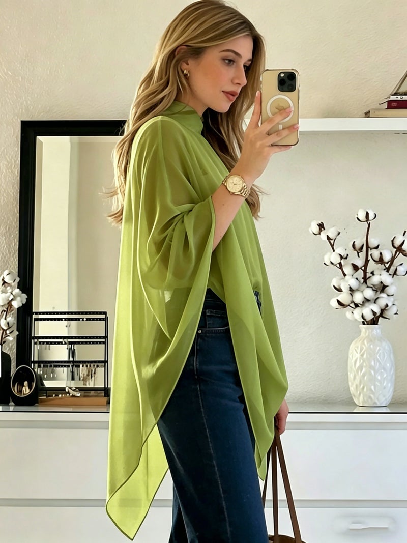 Cat Ear Directional Women'S Elegant Asymmetrical Hem Chiffon Top, Suitable for Daily Commute, Casual Wear, And Outing Dates, Versatile Style, Inner Layer Not Included - fern green / XS - Image 5