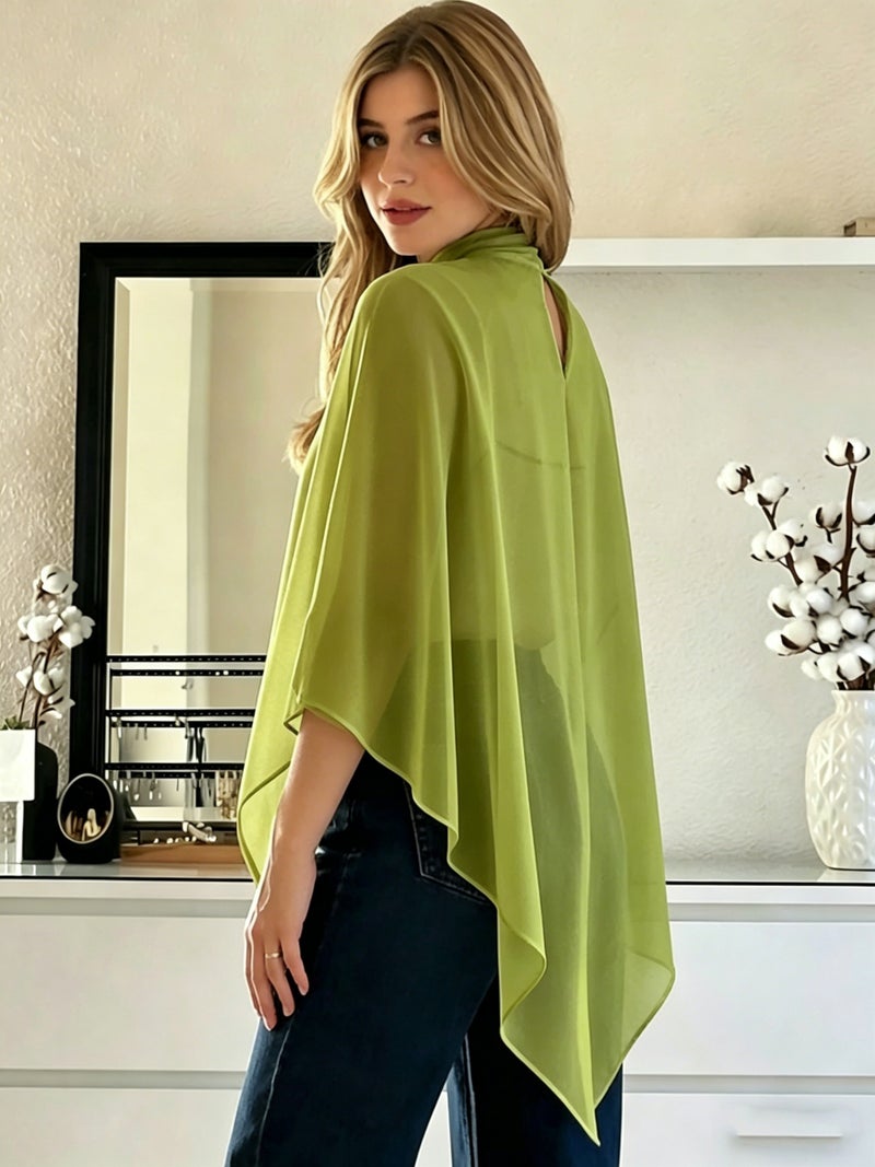Cat Ear Directional Women'S Elegant Asymmetrical Hem Chiffon Top, Suitable for Daily Commute, Casual Wear, And Outing Dates, Versatile Style, Inner Layer Not Included - fern green / XS - Image 2