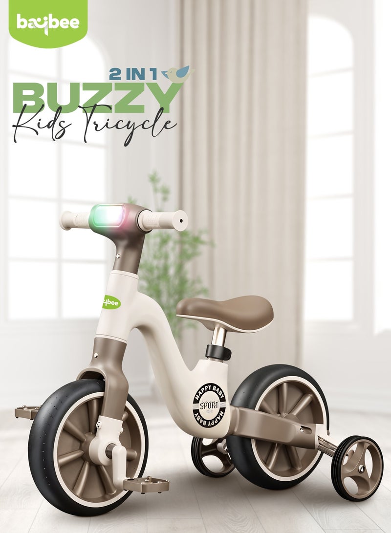 BAYBEE 2 in 1 Convertible Baby Tricycle for Kids Smart Baby Balance Bike Kids Tricycle Cycle with Light Music Foldable Auxilary Wheels Kids Tricycle Bicycle Baby Cycle for Kids 2 to 5 Years Brown  - Image 1